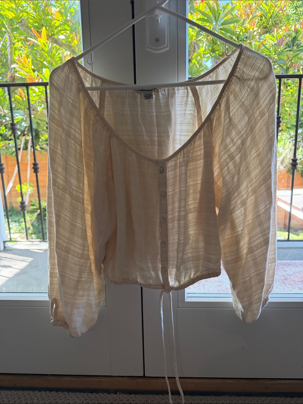 American Eagle Outfitters Cream Gauzy Button-Front Peasant Top